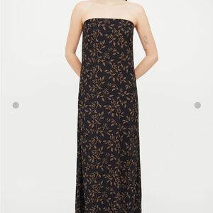 Reformation Black and Tan Larkin floral leaf patterned strapless maxi dress